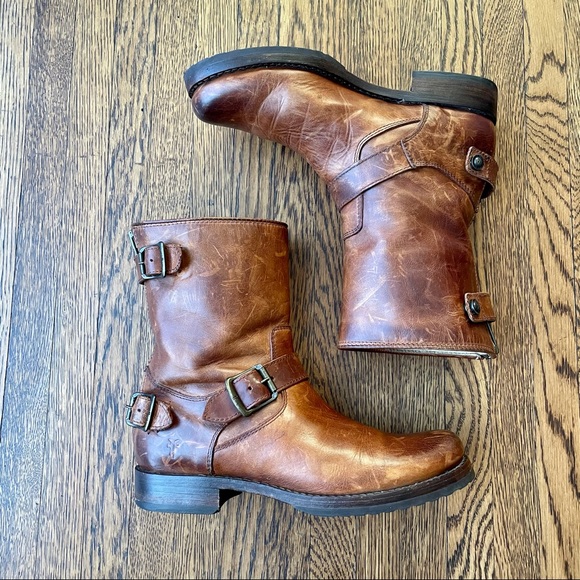 Frye Shoes - Frye Veronica Back Zip Buckle Moto Boots Cognac